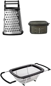 KitchenAid Gourmet 4-Sided Stainless Steel Box Grater with Detachable Storage Container, 10 inches t & KitchenAid Expandable Stainless Steel Colander, One size, Black