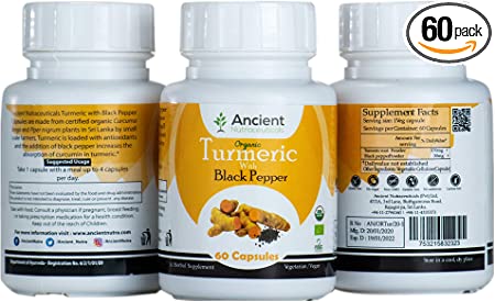 Ancient Nutraceuticals 100% Organic Pure Turmeric Extract - 600mg 60 Veg Capsules 1 Bottle
