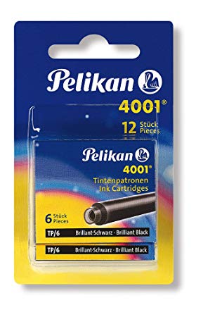 Pelikan 4001 TP/6 Ink Cartridges for Fountain Pens, Brilliant Black, 0.8ml, 12 Pack (330803)