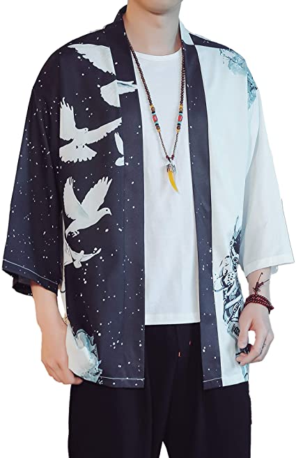 PRIJOUHE Men's Lightweight Kimono Jacket Seven Sleeve Open Front Cardigan Coat Japanese Style Bathrobe