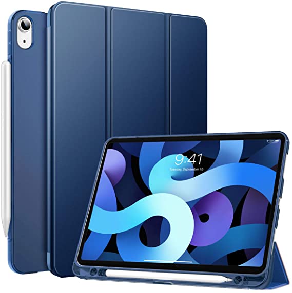 MoKo Case Fit New iPad Air 4th Generation 2020 - iPad 10.9 Case Built-in Pencil Holder, Smart Shell Cover with Translucent Back Corner/Bumper Case for iPad Air 4 2020, Navy Blue