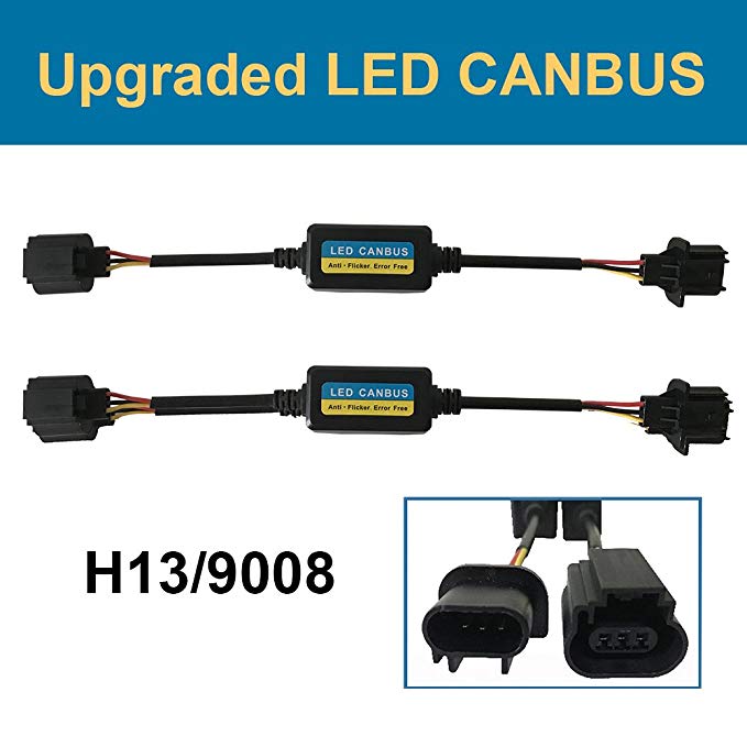 H13 9008 LED Anti Flicker Headlight Canbus Error Free Computer Warning Canceller Resistor Decoders Capacitor Wiring Harness (Pack of 2)