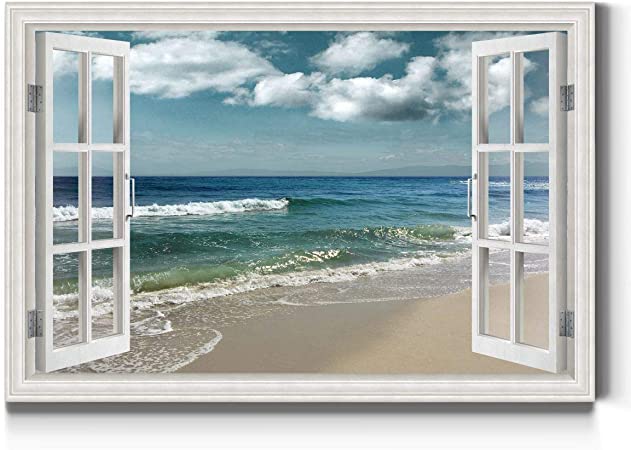 Canvas Wall Art, Open Window View, Palm Trees, Forest, Beach, Mountains, Ready to Hang, Majestic Waves (24X36)