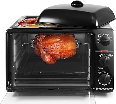 Elite Gourmet ERO-2008SZ## Countertop XL Toaster Oven w/Top Grill & Griddle & Lid   Convection Rotisserie, Bake, Broil, Roast, Toast, Keep Warm & Steam, 23L capacity fits 12” pizza, 6-Slice, Black