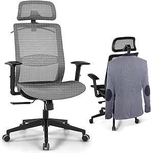 Giantex Ergonomic Office Chair, Mesh Desk Chair Back Support with Adjustable Headrest, High Back Executive Chair Comfortable Swivel Rolling Computer Task Chair with Clothes Hanger for Adults (Grey)