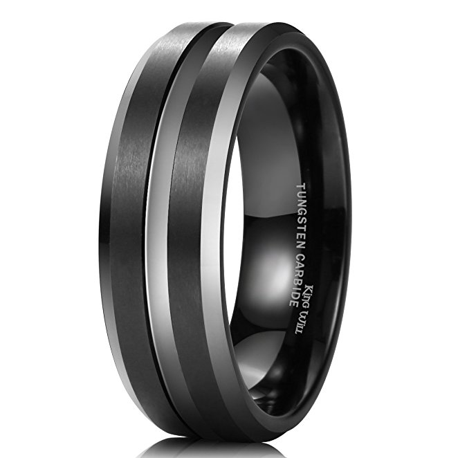 King Will Men Black Tungsten Carbide 8mm Polished Matte Brushed Finish Center Wedding Band Ring