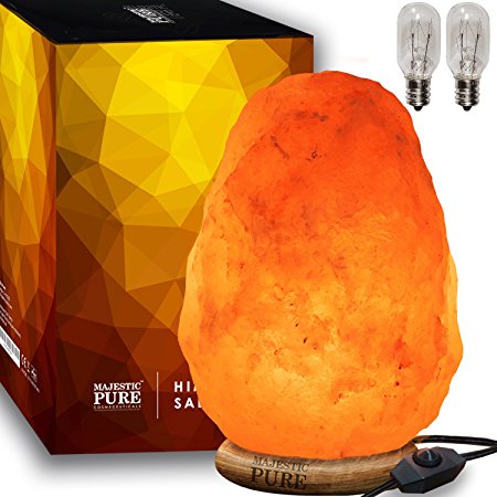 Majestic Pure Himalayan Salt Lamp (8-11 lbs); Hand Carved Natural Himalayan Salt Rock Lamp, Wooden Base, Brightness Dimmer,3 Bulbs,UL-Listed Cord and Gift Box