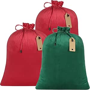 Shintop 3 Pcs Velvet Santa Gift Sack, 16.1x19.8inch Reusable Drawstring Christmas Bags with Kraft Tags Holiday Santa Bag for Xmas Present Toys