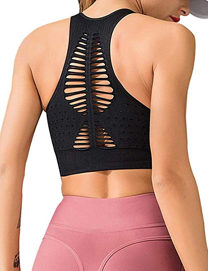 CROSS1946 Women's Active Fitness Seamless Sports Bra Cut Out Back Removable Padded Yoga Venting Crop Top