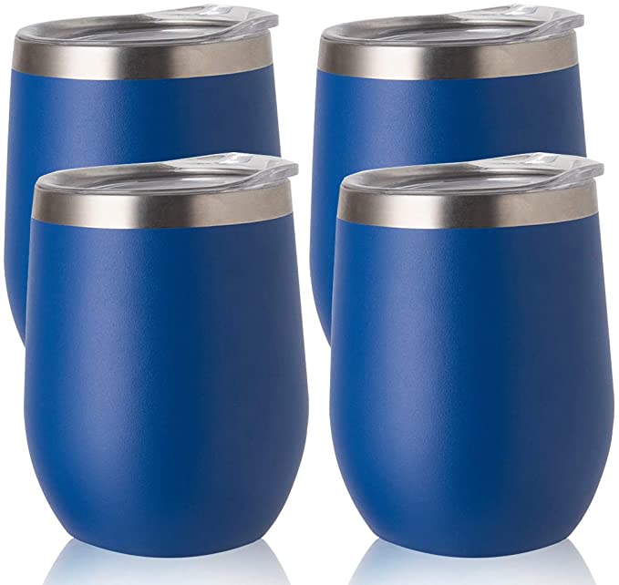 PURECUP Stainless Steel Wine Tumbler With Lid,12 oz Double Wall Vacuum Insulated Travel Tumbler, For Champaign, Cocktail, Beer,Coffee,Drinks,BPA Free(Navy 4 Pack)