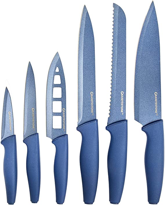 Nutriblade Knife Set by Granitestone, High Grade Professional Chef Kitchen Knives Set, Knife Sets Toughened Stainless Steel w Nonstick Mineral Coating, Blue, 6 Piece