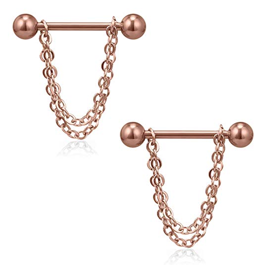 Ruifan Surgical Steel Chain Dangle Nipple Shield Rings Barbell Piercing Jewelry 14G 5/8Inch 2PCS