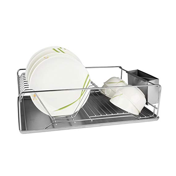 TeqHome Stainless Steel Dish Drying Rack with Drain Board for Kitchen Utensil Holder