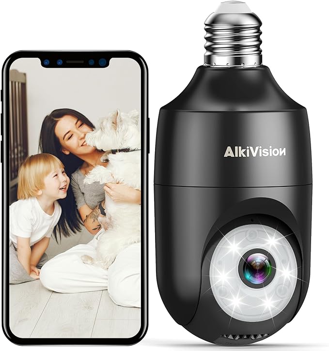 AlkiVision 2K Light Bulb Security Camera Wireless Outdoor - 360° AI Motion Detection Cameras for Home Security Outside, 2.4G Hz, Full-Color Night Vision, Auto Tracking, Siren Alarm, SD/Cloud Storage