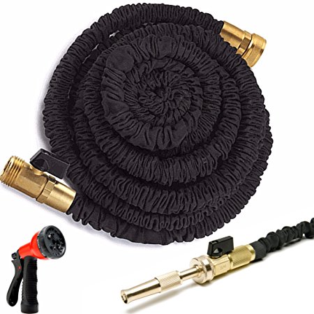 75 ft Expandable Garden Hose Two Sprayer Bundle. Solid Brass Spray Nozzle, 8 Pattern Sprayer, Brass Connectors, and Storage Bag.