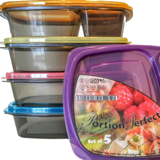 Portion Perfect Premium Meal Prep Containers/Portion Control Containers/Bento Lunch Box, (Set of 5)