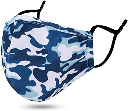 Windproof Kids Boys Girls Reusable Cloth Face Madks Face Protection Washable Balaclava with Designs 2 Lays Children Madks Adjustable Earloop for Child Camo Blue S