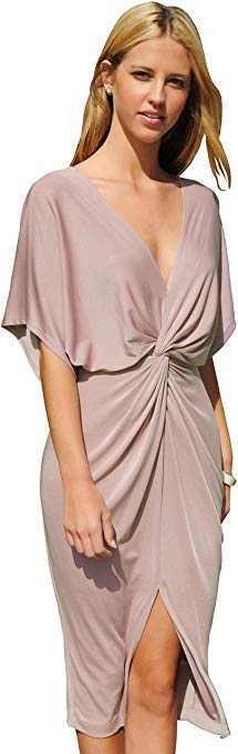 Trend Director Women's Draped Knotted Front Slit V Neck Stretchy Midi Dress in Mint, Mauve and Black Colors