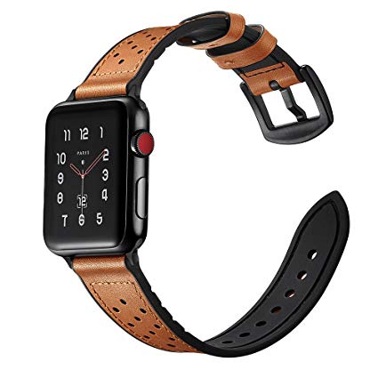 Leather Band for Apple Watch 44mm 42mm, iWatch Series 4 3 2 1 Replacement Sport Silicone iWatch Strap Band with Stainless Metal Buckle Clasp