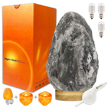 Very Rare, Large (3-5kg,17-25cm) Grey Gray White Himalayan Salt Lamp Lights, Salt Table Lamp Bamboo Base Touch Dimmer Switch Control with 1 Salt Night Light, Set of 2 Pack Salt Candle Holders