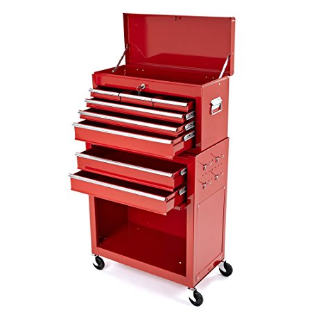 Trueshopping Tool Cabinet Steel Roller Chest 2 Piece Rollcab Storage Box 6 Drawer Red Toolbox Shelves Protection Safe