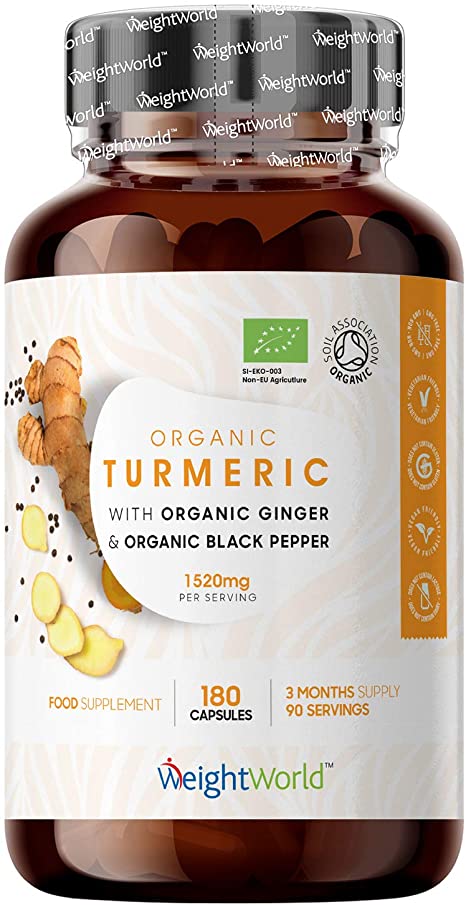 Organic Turmeric with Black Pepper & Ginger 1520MG - 180 Capsules (3 Month Supply) - High Strength Superfood Diet Powder Tablets for Joint Relief, Inflammation, Stomach & Bloating - Vegan Friendly