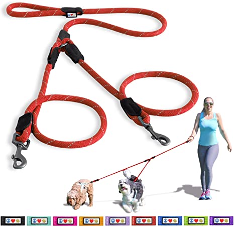 Pawtitas Double Leash for Two Dogs Great for Walking & Training Comfortable Shock Absorbing Reflective Pet Rope Leash for 2 Dogs 6ft