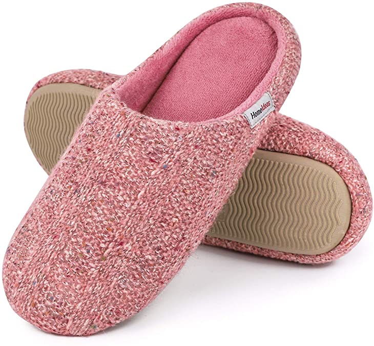 HomeIdeas Women's Cashmere Cotton Knit Memory Foam Slippers Lightweight Soft Fleece House Shoes with Anti Skid Sole
