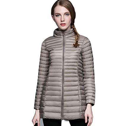 ELFJOY Women's Long Down Coat Packable Ultra Lightweight Jacket Detachable Hooded Coat Winter Outwear