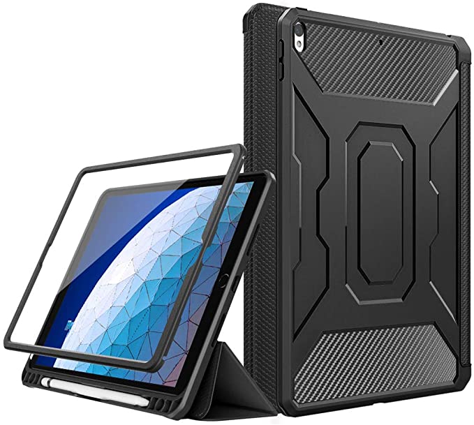 MoKo Case Fit New iPad Air (3rd Generation) 10.5" 2019/iPad Pro 10.5 2017, [Built-in Screen Protector] Full-Body Shockproof Smart Shell Trifold Stand Cover with Auto Sleep/Wake & Pencil Holder - Black