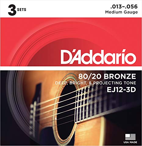 D'Addario EJ12-3D 80/12 Bronze Acoustic Guitar Strings, 13-56, 3 Sets, Medium