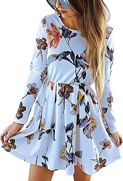 Angashion Womens Dresses Casual Floral Print Long Sleeve Swing Pleated Skater A Line Mini Dress