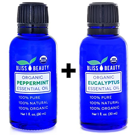 2- Pack - Peppermint & Eucalyptus Essential Oil, USDA Organic - 100% Pure, Natural Oils, Premium, Therapeutic Grade, Undiluted - 30ml bottles, 1oz Each - Bliss Beauty