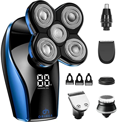 Electric Razor for Men - OriHea Head Shavers for Bald Men with LED Display, Faster-Charging 5D Floating Waterproof Electric Shaver for Men with Hair Clippers,Nose Hair Trimmer Blue