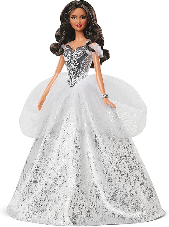 Barbie Signature 2021 Holiday Doll (12-inch, Brunette Hair) in Silver Gown, with Doll Stand and Certificate of Authenticity, Gift for 6 Year Olds and Up