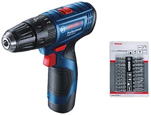 Bosch 10 in 1 Pack Slotted and PH2 06019G81K2 GSB-120 - Li Cordless Drill Driver, Double Battery Powered with 2608522265 65 mm Standard for Universal Screwdriver Bits (Blue)