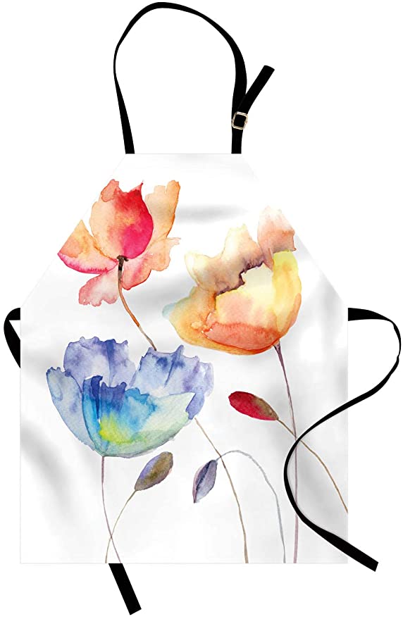 Ambesonne Watercolor Flower Apron, Summer Flowers in Retro Style Painting Effect Nature is Art, Unisex Kitchen Bib with Adjustable Neck for Cooking Gardening, Adult Size, Pink Yellow