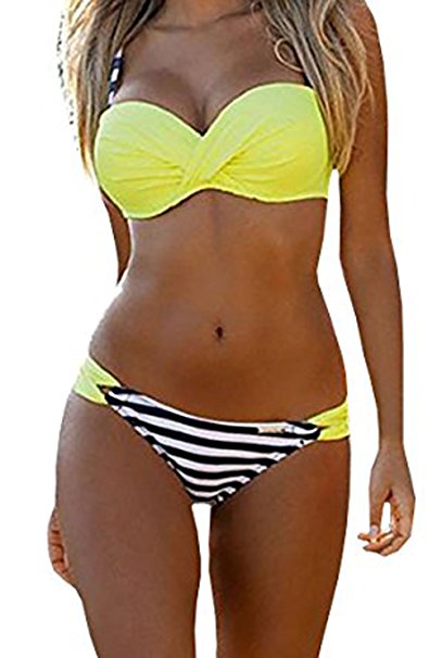 EVALESS Women's Elegant Vintage Push Up Padded Two Piece Low-Rise Bikini Set Swimsuit