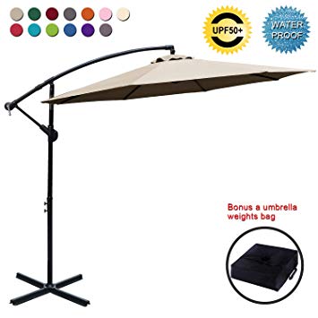 ABCCANOPY Patio Umbrellas Cantilever Umbrella Offset Hanging Umbrellas 10 FT Outdoor Market Umbrella with Crank & Cross Base for Garden, Deck, Backyard, Pool and Beach, 12  Colors, Light Beige