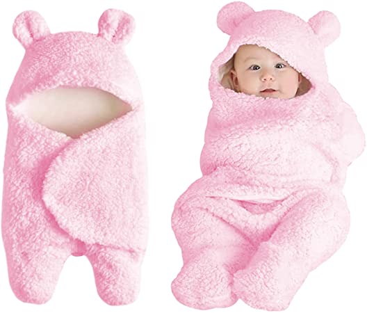 Baby Swaddle Blanket Boys Girls Cute Cotton Plush Receiving Blanket Newborn Sleeping Wraps for 0-6 Months - Pink