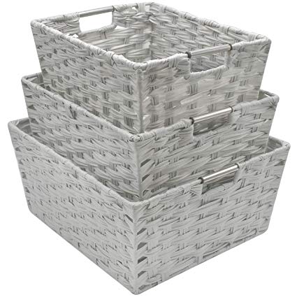 Sorbus Woven Basket Bin Set, Storage for Home Décor, Nursery, Desk, Countertop, Closet, Cube Organizer Shelf, Stackable Baskets Includes Built-in Carry Handles (Set of 3 - Light Gray)