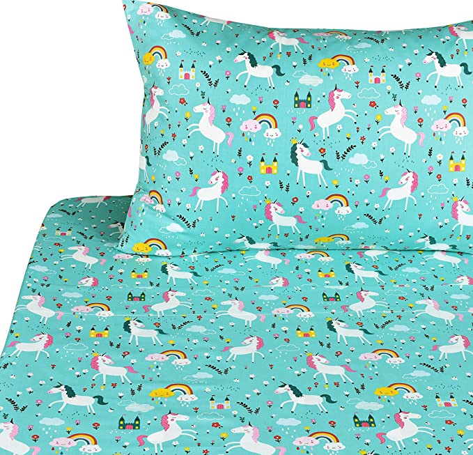 J-pinno Unicorn Happy Twin Sheet Set for Kids Boys Girls Children,100% Cotton, Flat Sheet + Fitted Sheet + Pillowcase Bedding Set