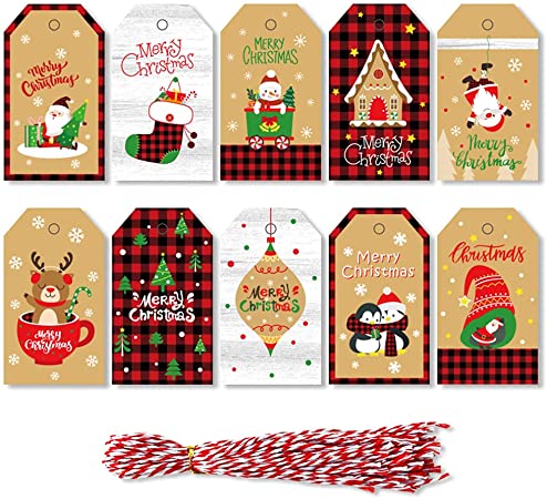 PintreeLand 50 Pack Christmas Gift Tags with String, Xmas Santa to/from Gift Tags for DIY Homemade Holiday Present Wrap Name Tag Label (Style A 50 Pack)