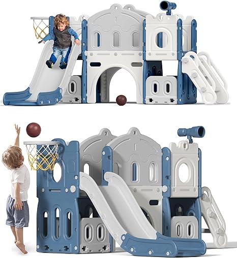 Glaf 8 in 1 Toddler Slide Outdoor Playset Indoor Playground Kids Slides for Backyard Baby Climber Slides with Telescope Basketball Hoop Tunnel Storage Space and Ball (Blue White)