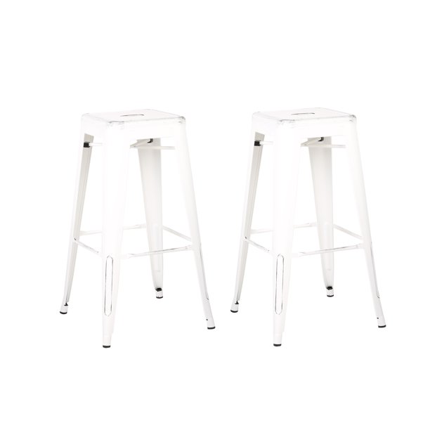 AC Pacific Backless Distressed Metal Barstool, White 30 -inch, Set of 2