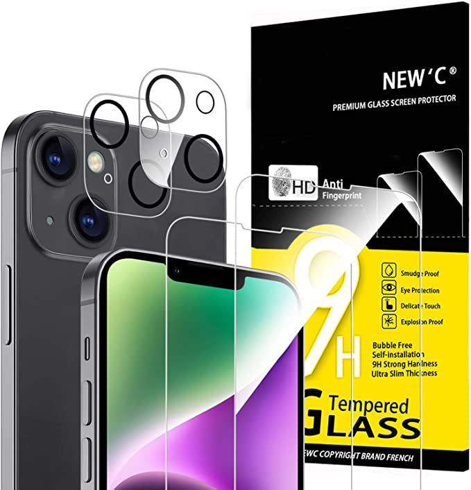 NEW'C [4 Pack, 2 x Protector Pantalla para iPhone 14 (6,1") y 2 x Protector Pantalla Protector de Lente de Cámara - Cristal Templado - Anti-Rayaduras - Ultra Resistente - Cristal Dureza 9H