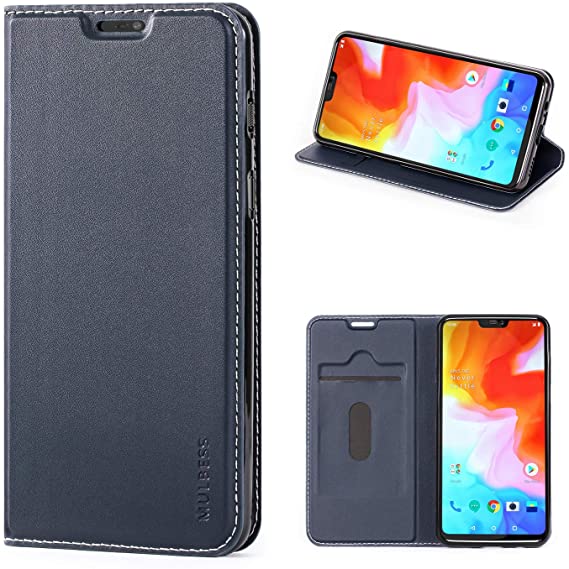 Mulbess OnePlus 6 Case Wallet, Folio Flip Leather Phone Case with Magnetic Closure for OnePlus 6 Cover, Navy Blue