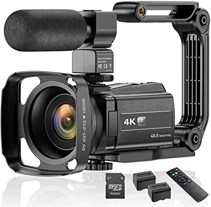Video Camera Camcorder Digital Video Recorder 4K Ultra HD Vlogging Camera 48MP with 3’’ Touch Screen WiFi Camcorders with Stabilizer, Mic, Remote Control, Lens Hood, 2 Batteries, 64GB SD Card