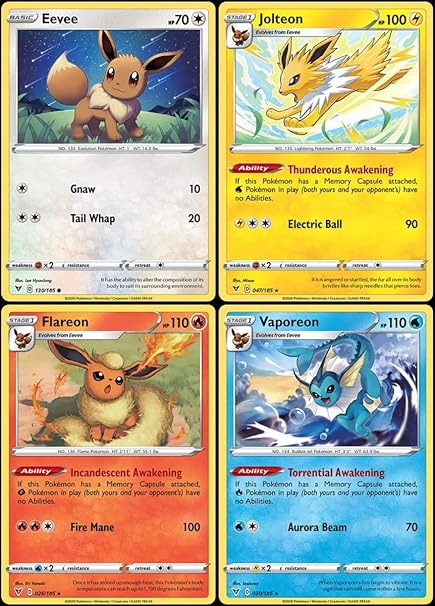 Jolteon Flareon Vaporeon Eevee - Vivid Voltage - Evoltuion Pokemon Card Lot - Rare 4 Card Set - 047/185-026/185-030/185