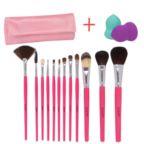 Essencell 12 Pieces Makeup Brush Set, Hot Pink with Makeup Blender Sponge and Travel Essentials Case